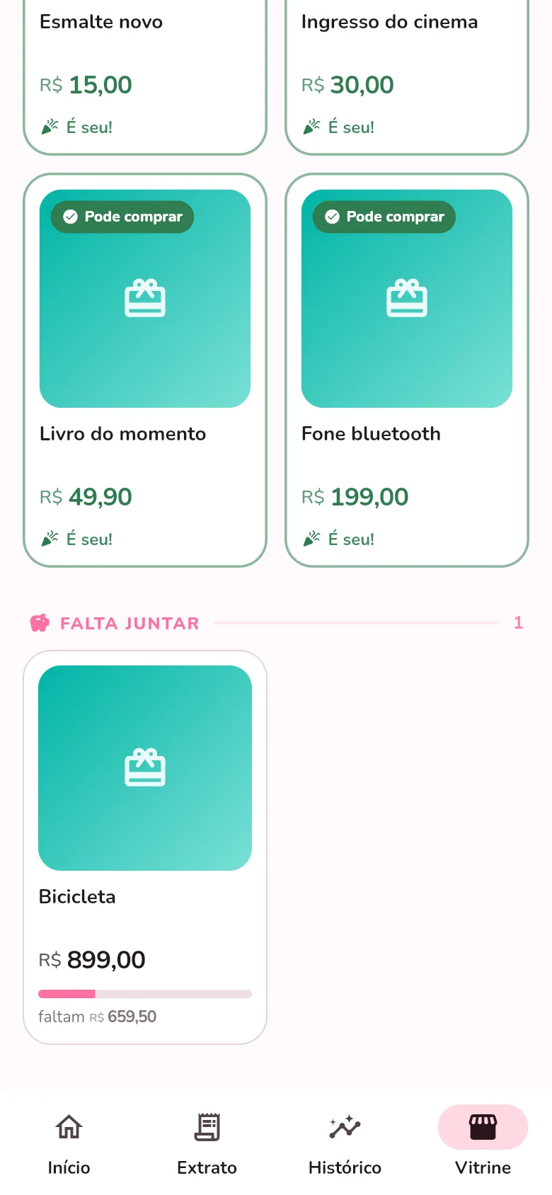 Item da vitrine com barra de progresso e quanto falta juntar