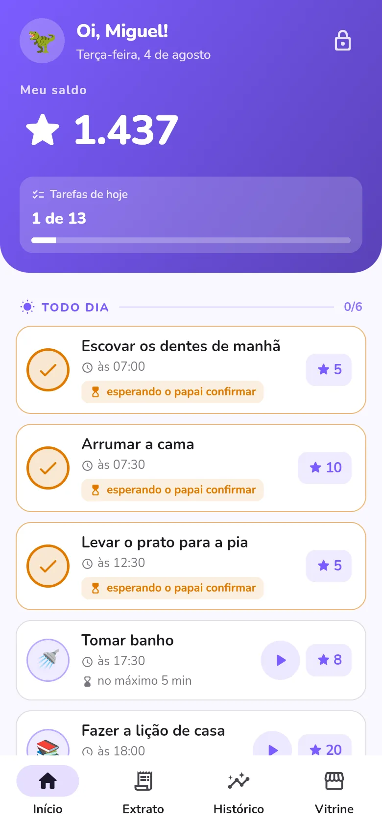 Tela da criança com as tarefas do dia