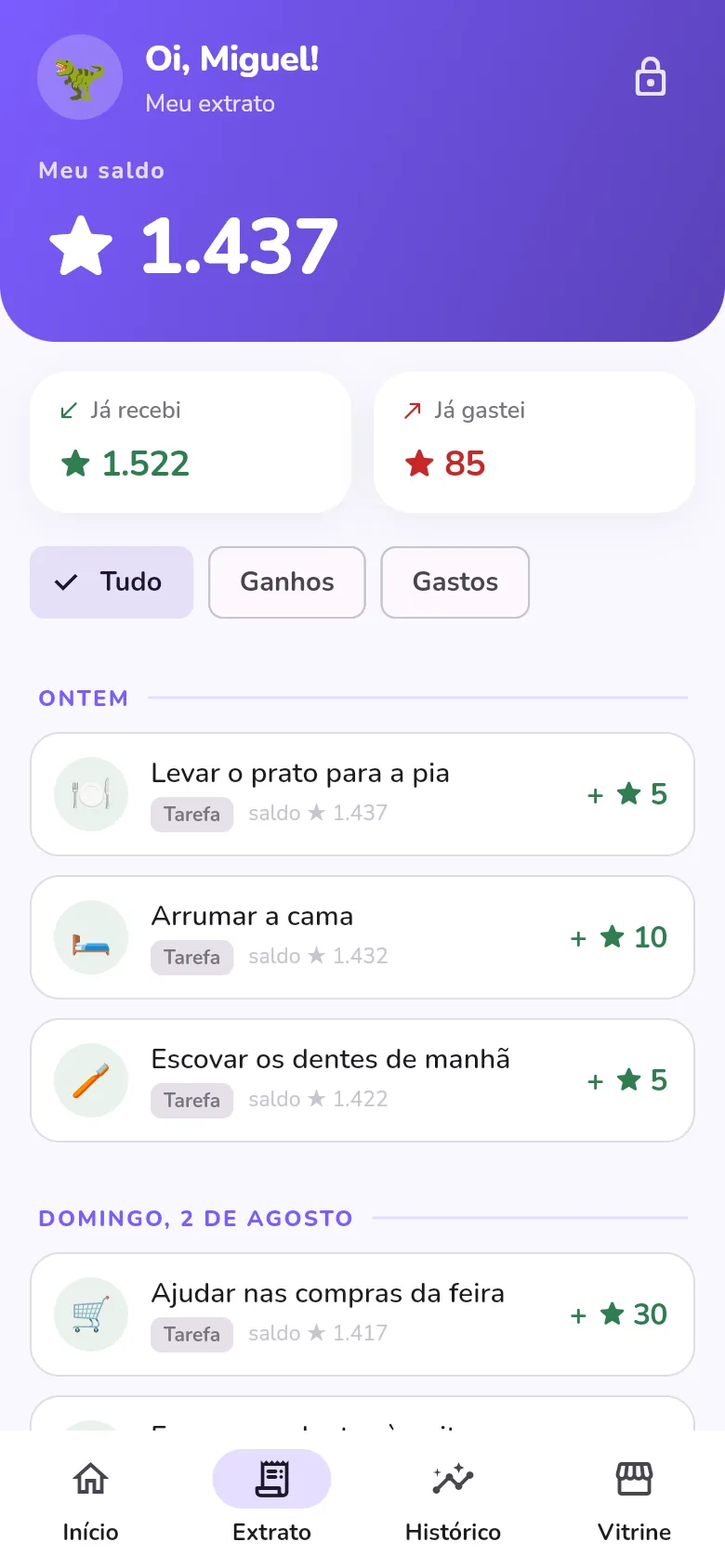 Extrato com cada lançamento