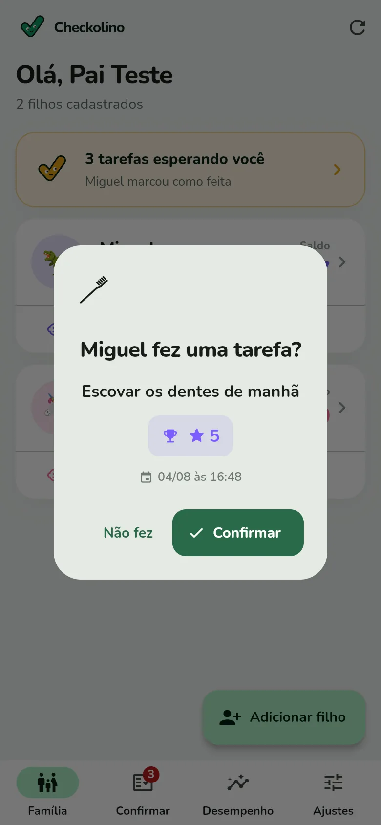 Aviso no celular do responsável assim que a criança marca