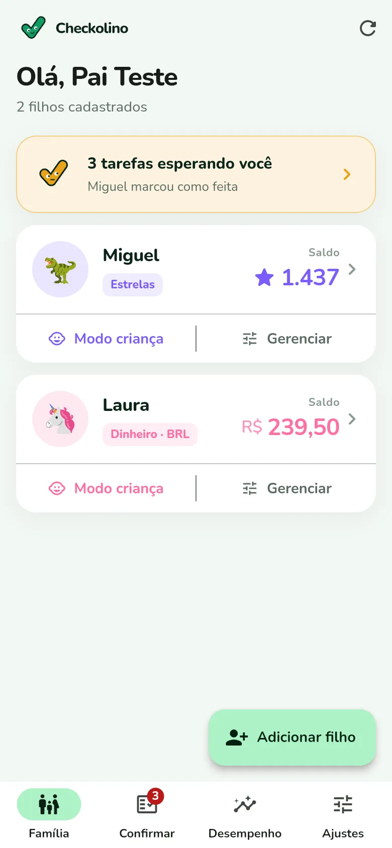 Painel do pai com o saldo de cada filho